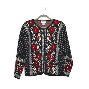 Empress Vintage Sweater Small Knitted Floral Roses Birdseye Grandma Black Red